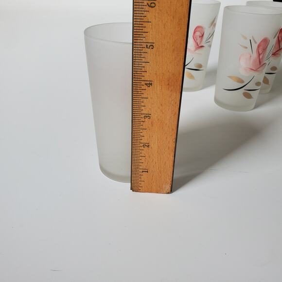 Hazel Atlas Vintage MCM Hand Painted Pink Roses Frosted Tumblers Set of 5 Drink - Picture 7 of 8